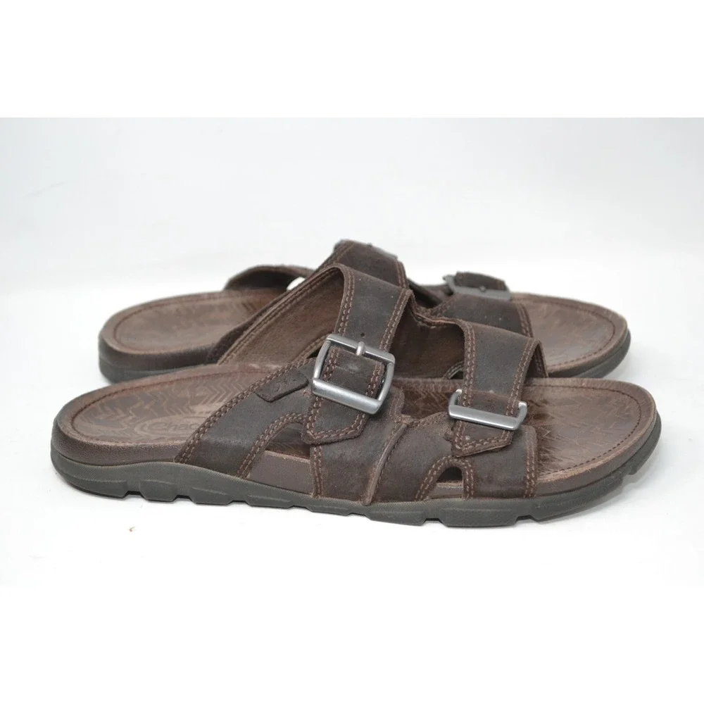 Chaco Elias Java‎ Brown Mens Leather 2 Strap Buckle Beach Sandal Size 8 Slip On